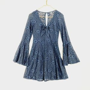 Holliester Floral Lace Trumpet Sleeve Dark Blue Dress P2394